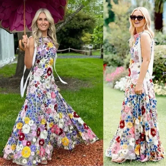 Rachel Gilbert Nya Floral Hand Embroidered Gown Textured 10 US - Picture 1 of 14